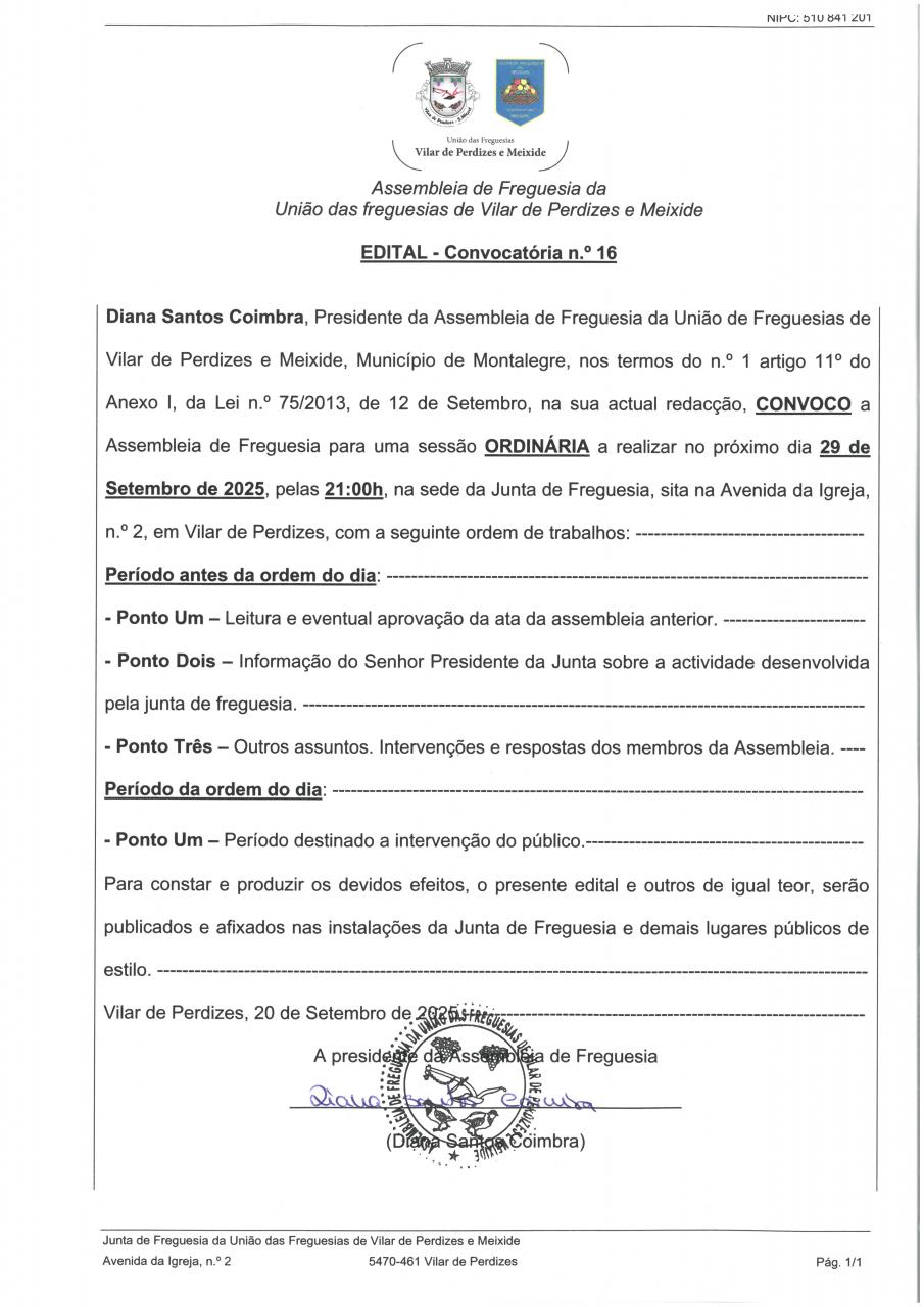 Convocatória 16 - Assembleia de Freguesia